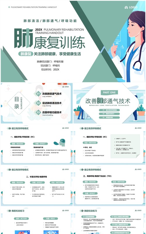 绿色简约几何风肺康复训练PPT模板