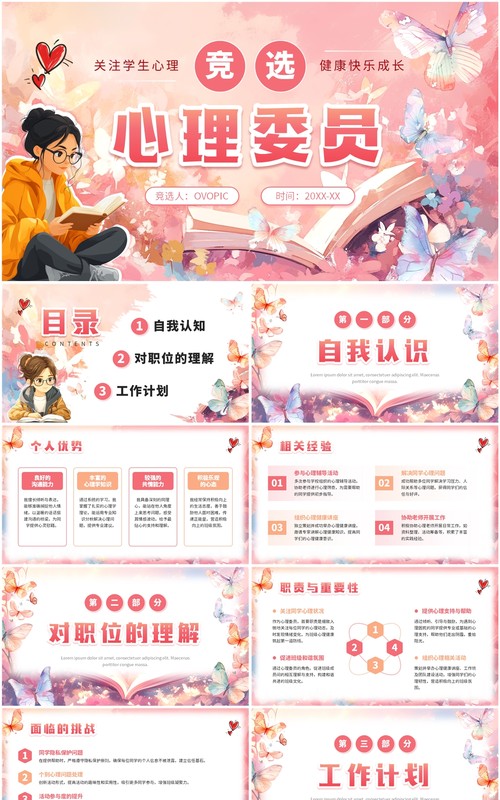 粉色蝴蝶小清新竞选心理委员PPT模板