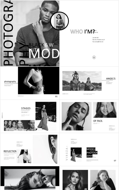 黑白商业摄影作品展示PPT模板photography business marketing powerpoint