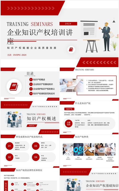 红色简约风企业知识产权培训讲座PPT模板