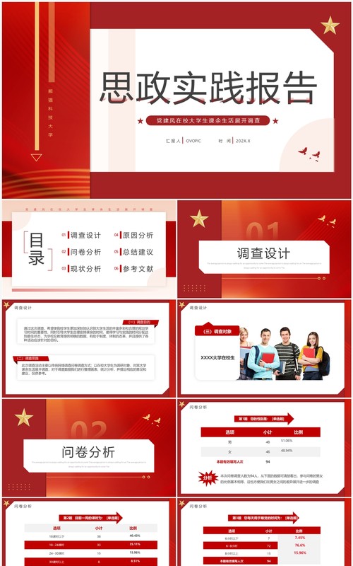 红色简约风大学思政实践报告PPT模板