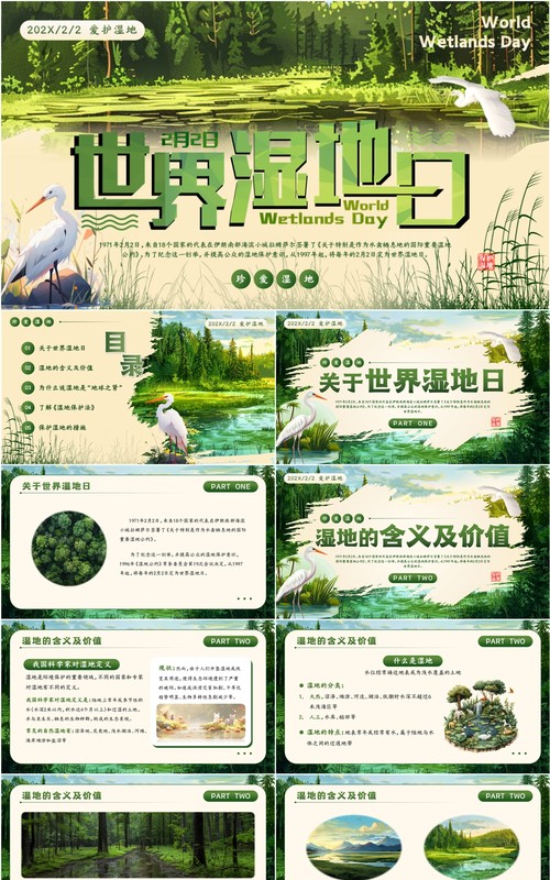绿色插画风世界湿地日介绍PPT模板