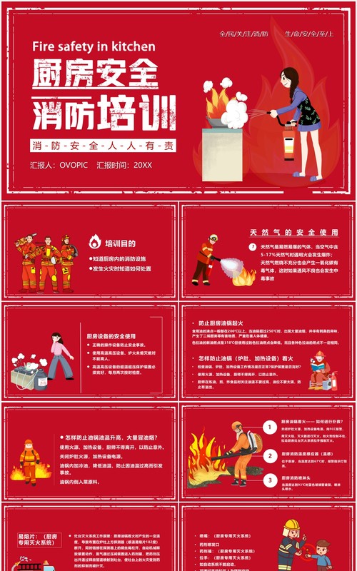 红色卡通风厨房安全消防安全培训PPT模板