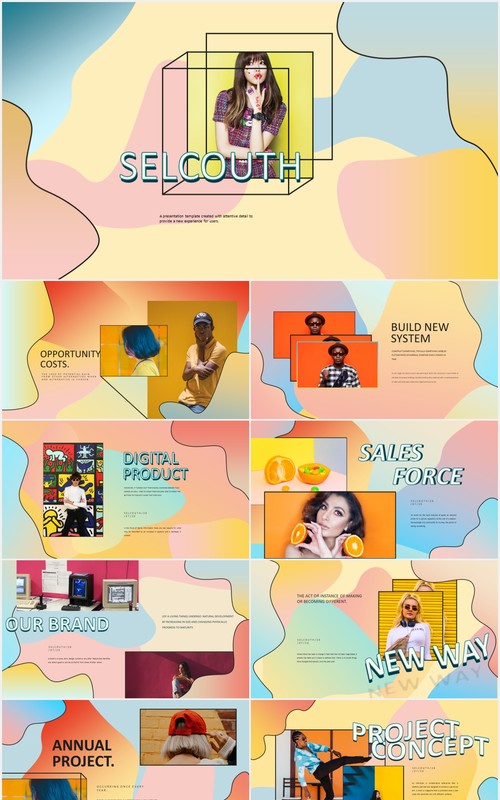 创意彩色组合时尚作品展示宣传PPT模板selcouth pastel portfolio creative
