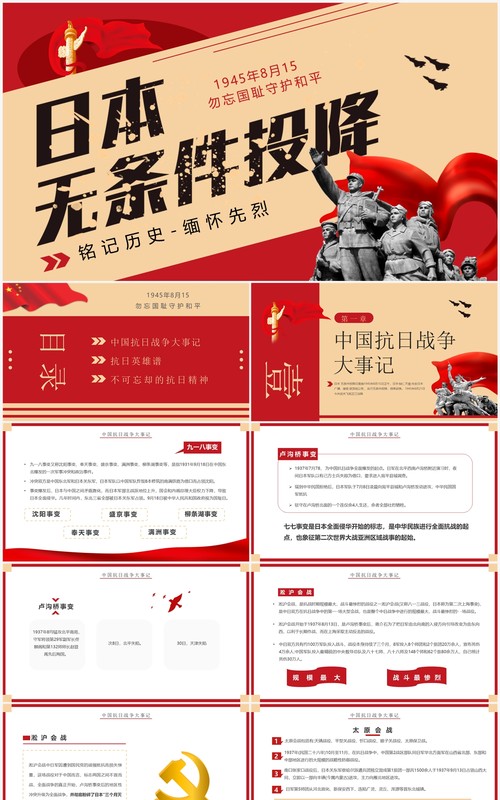 红色简约日本无条件投降日介绍PPT模板