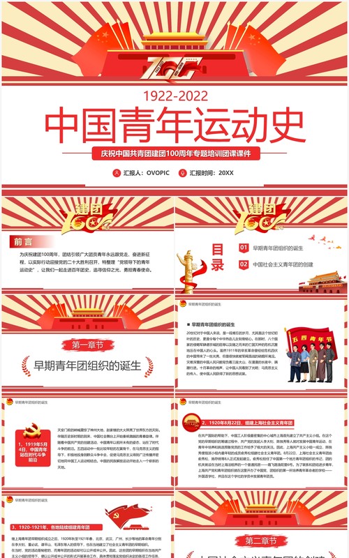 红色创意复古风中国青年运动史PPT模板