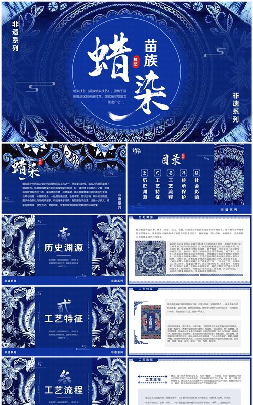 蓝色中国风非遗系列之苗族蜡染PPT模板