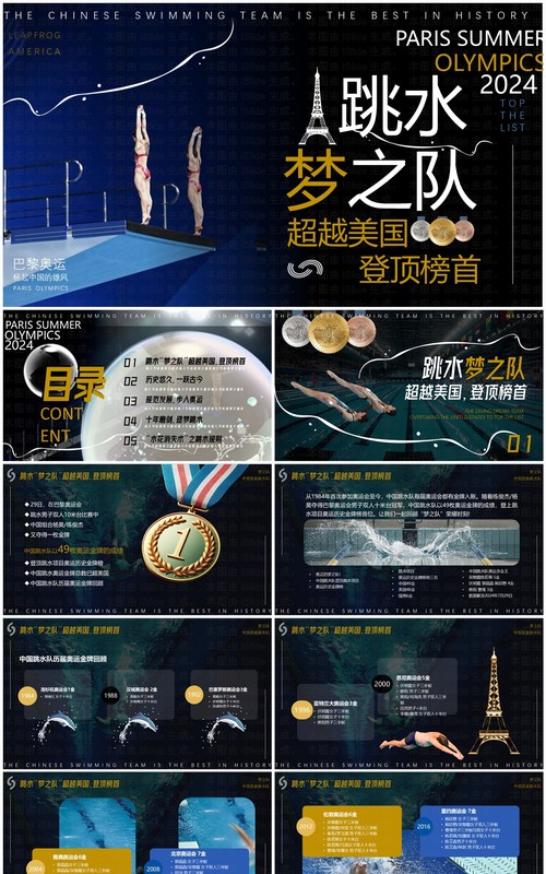 绿色简约风跳水梦之队超越美国登顶榜首PPT模板