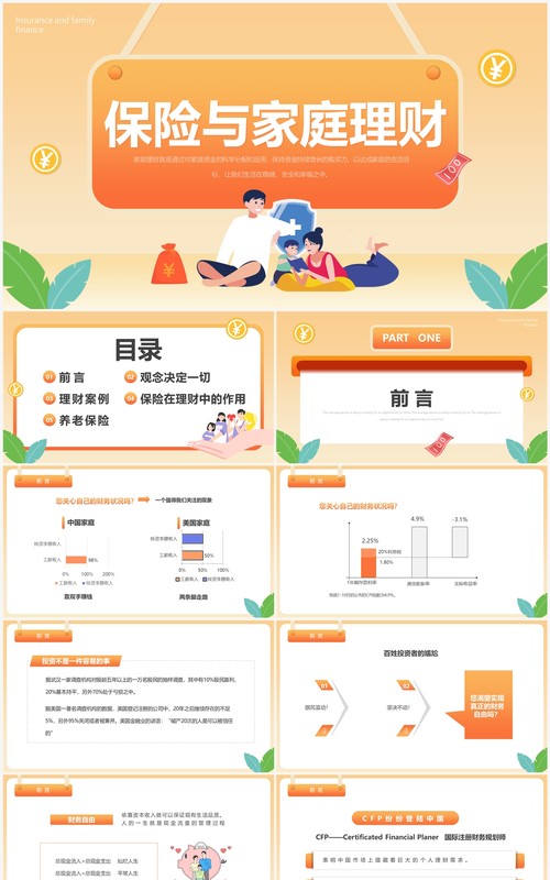 橙色简约卡通风保险与家庭理财PPT模板