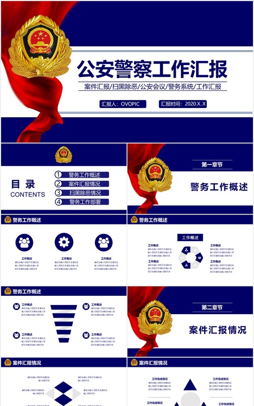 警务党政蓝色庄重公安警察工作汇报总结报告PPT模板