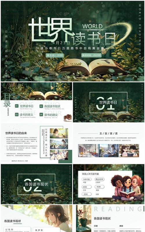 绿色简约风世界读书日介绍PPT模板