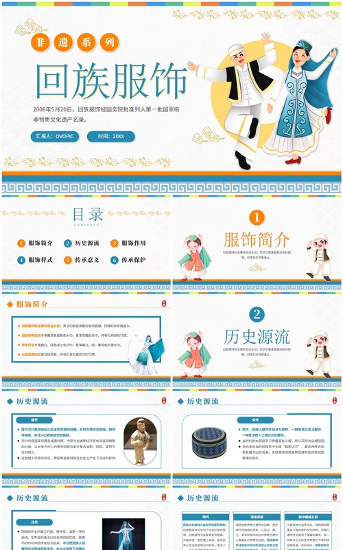 蓝色卡通风非遗系列之回族服饰PPT模板