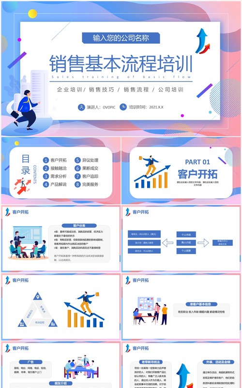 渐变扁平化企业销售基本流程企业培训PPT模板
