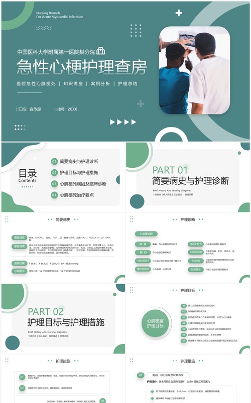 绿色简约风急性心梗护理查房PPT模板