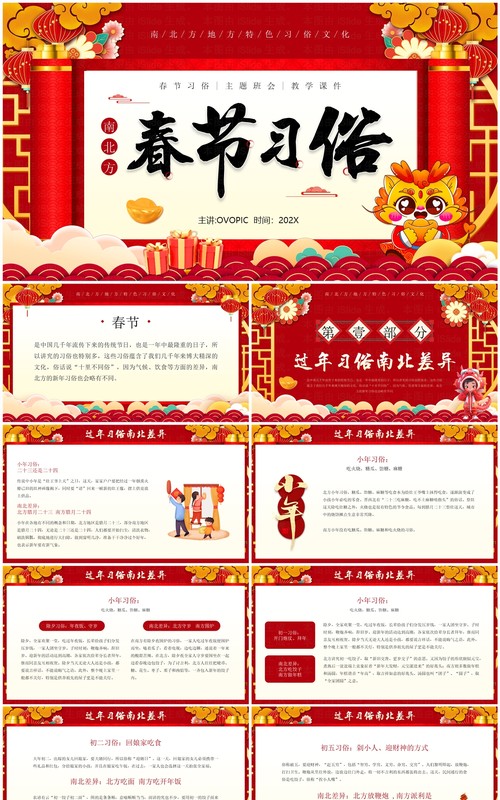 红色中国风南北方春节习俗介绍PPT模板