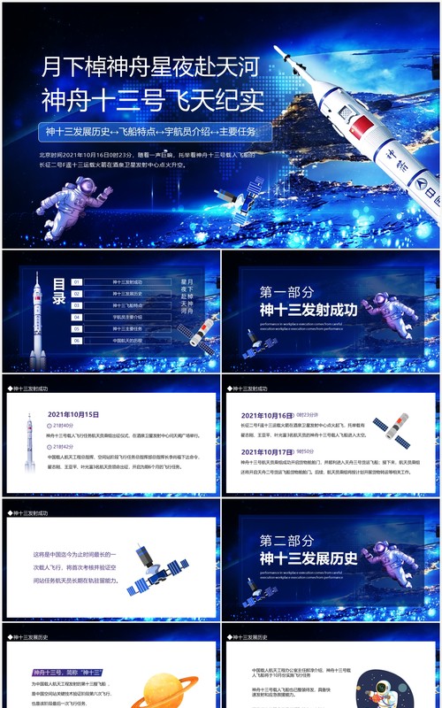 月下棹神舟星夜赴天河神舟十三号飞天纪实动态PPT模板