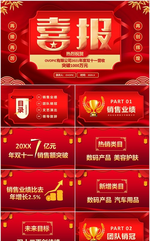 红色喜报双11销售战绩通用PPT模板