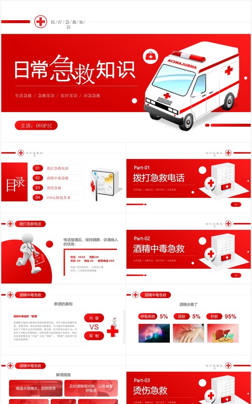 红色简约风日常急救知识PPT模板