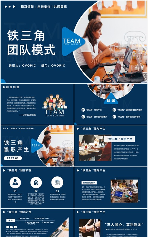 蓝色简约企业管理培训铁三角团队模式PPT模板