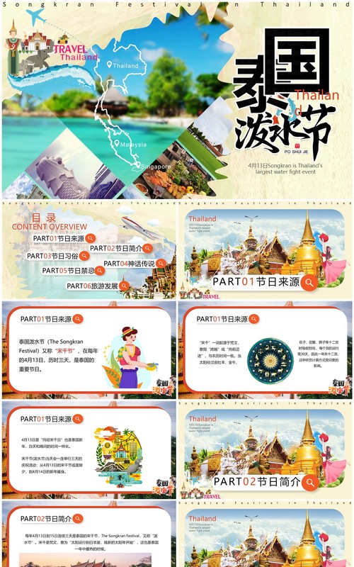 黄色卡通风泰国泼水节PPT模板