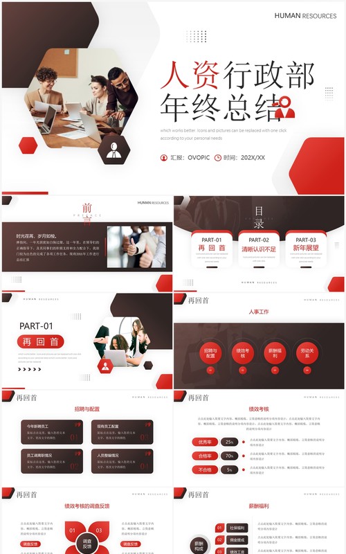红色商务风人资行政部年终总结PPT模板