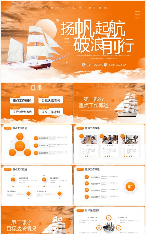 橙色商务风扬帆起航破浪前行PPT模板