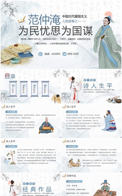 蓝色中国风爱国人物故事之范仲淹PPT模板
