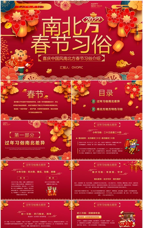 喜庆红色虎年南北方春节习俗PPT模板