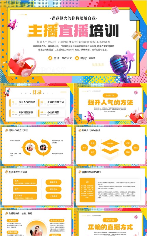 黄色孟菲斯主播直播培训PPT模板