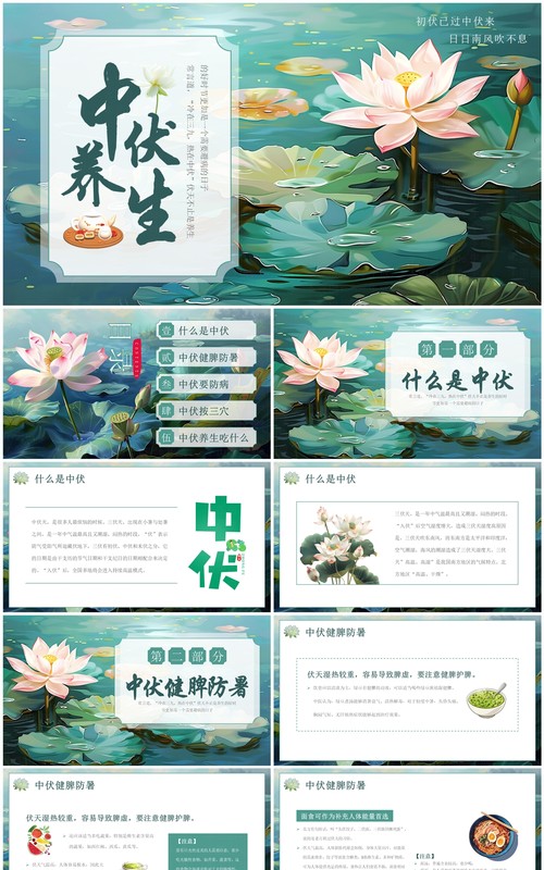 绿色插画风中伏养生介绍PPT模板