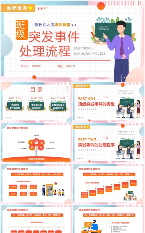 橙色卡通风班级突发事件处理流程学习培训PPT模板