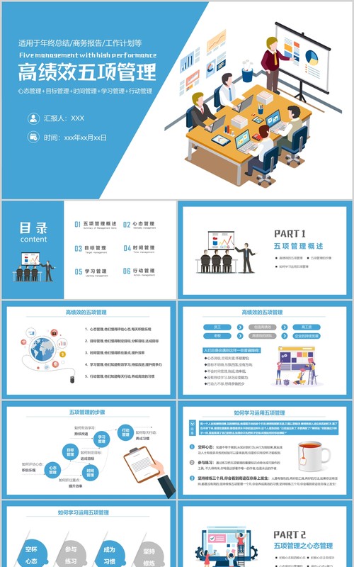 蓝色商务高绩效五项管理员工培训PPT模板
