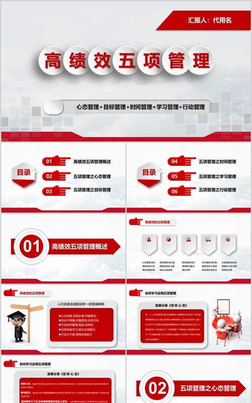红色简约高绩效五项管理企业员工培训PPT模板