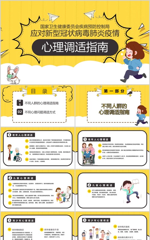 黄色应对新型冠状病毒肺炎疫情心理调适指南心理防护调节PPT模板课件