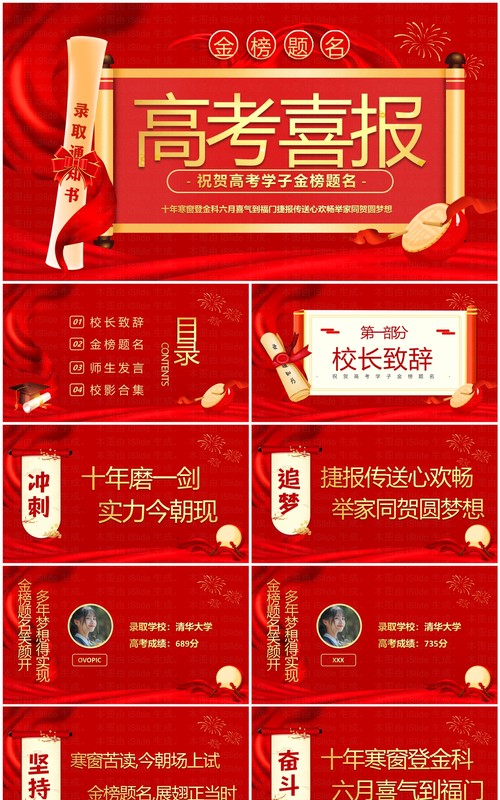 红色大气简约风高考喜报金榜题名PPT模版