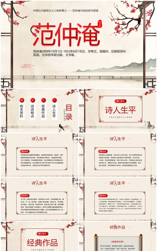 黄色中国风爱国人物范仲淹介绍PPT模板