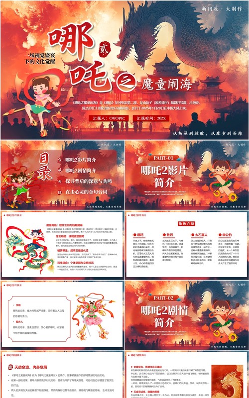 红色插画风哪吒2之魔童闹海PPT模板