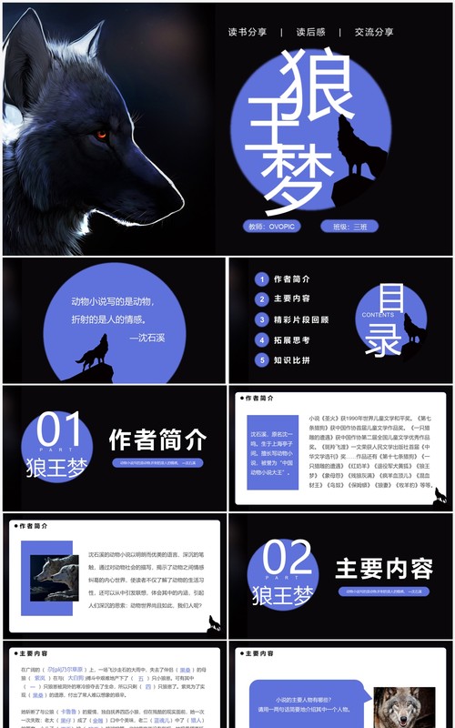 蓝色简约风读书分享狼王梦PPT模板