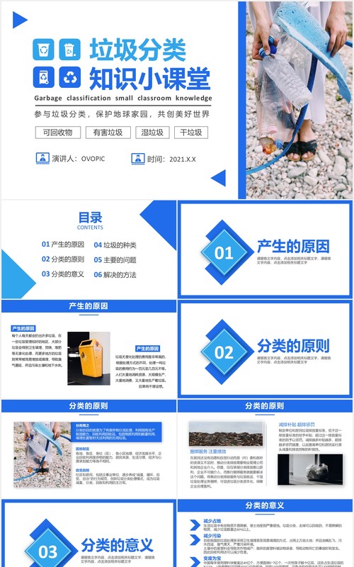 简约风垃圾分类知识小课堂教育课件PPT模板