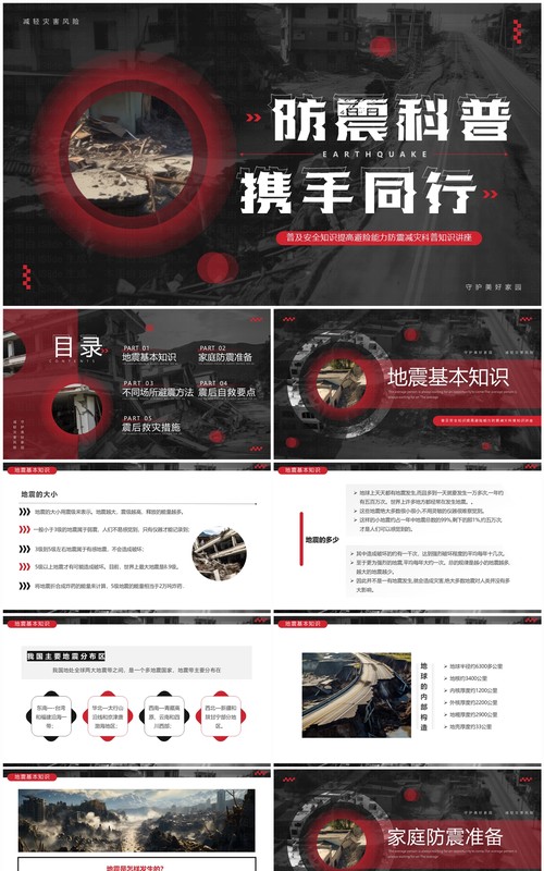 黑红简约风地震科普携手同行PPT模板