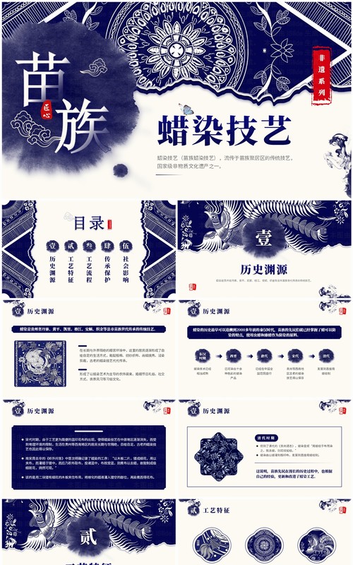 蓝色中国风非遗文化系列之苗族蜡染PPT模板