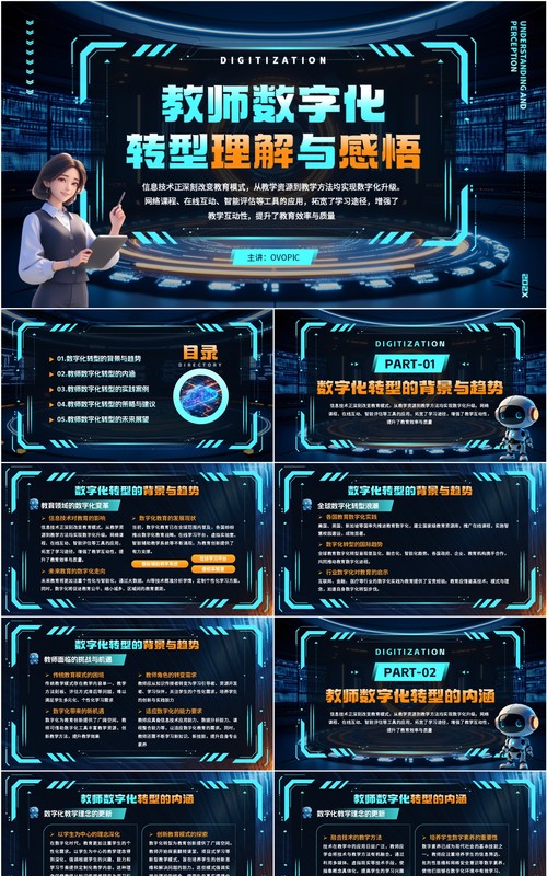 蓝色科技风教师数字化转型理解与感悟PPT模板