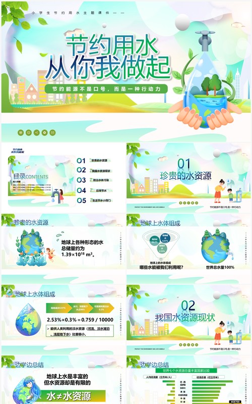 绿色卡通风节约用水从我做起PPT模板