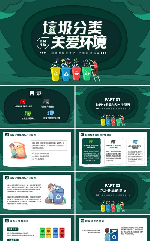 剪纸风绿色垃圾分类全民行动环保低碳爱护环境课件PPT模板