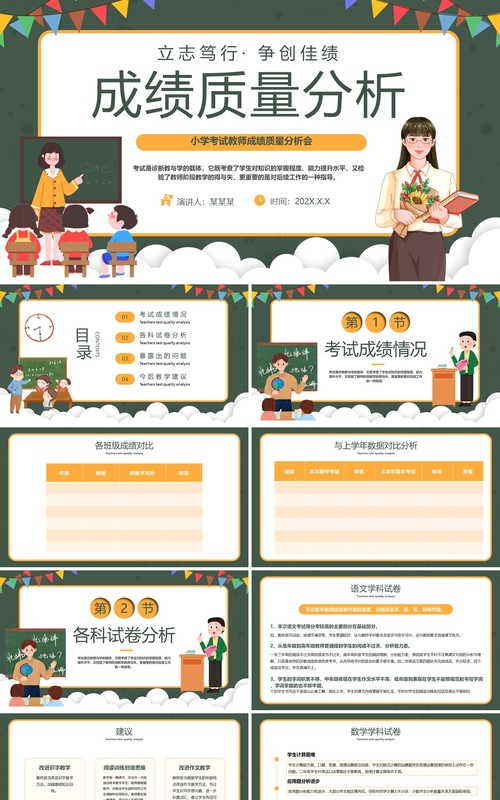 绿色黑板卡通风成绩质量分析PPT模板
