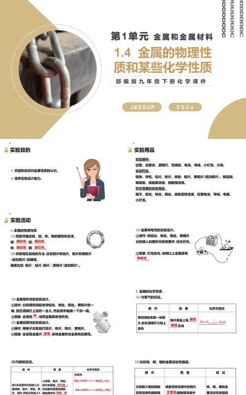 部编版九年级化学下册金属的物理性质和某些化学性质课件PPT模板