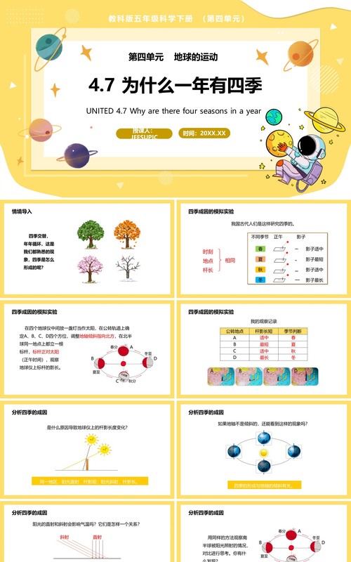 教科版五年级科学下册为什么一年有四季课件PPT模板