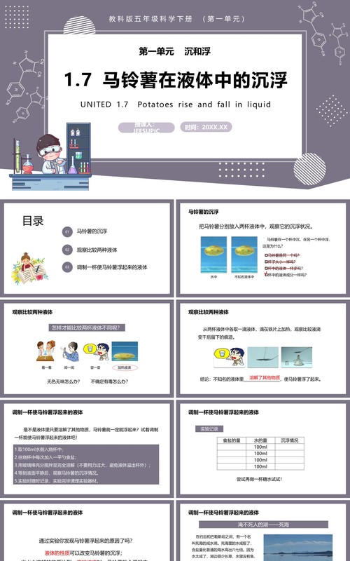 教科版五年级科学下册马铃薯在液体中的沉浮课件PPT模板