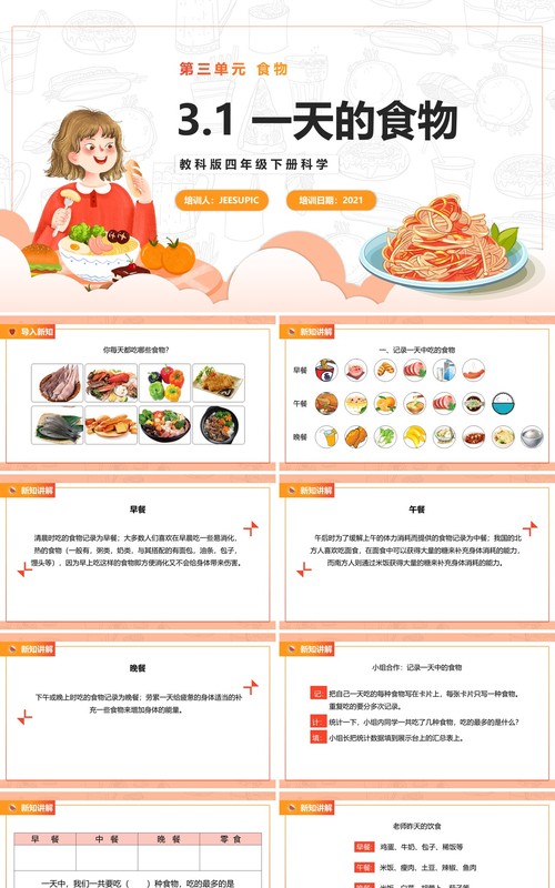 教科版四年级下册一天的食物课件PPT模板