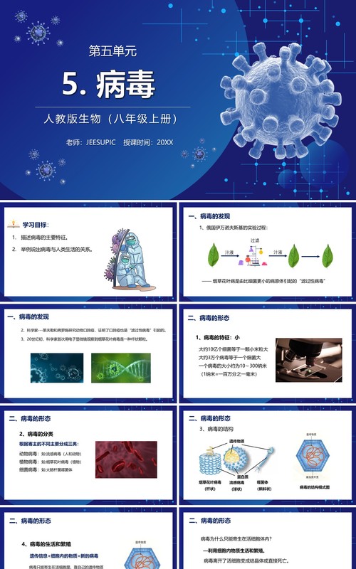 部编版八年级生物上册病毒PPT模板